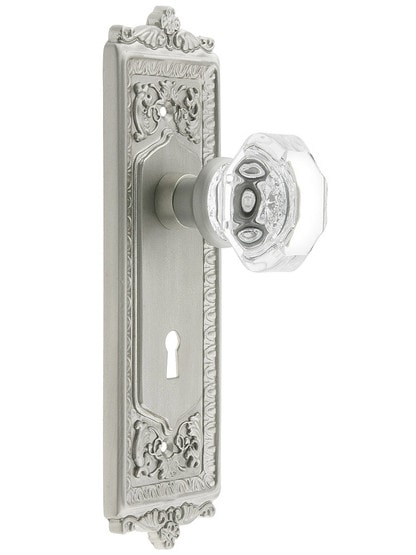 Egg and Dart Style Mortise Lock Set with Waldorf Crystal Door Knobs in Satin Nickel.